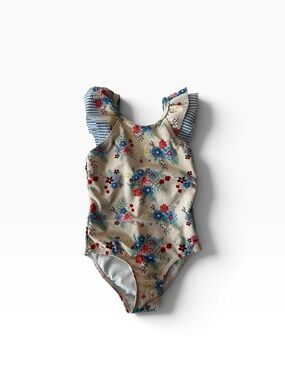 Ruffle Butts Cream Floral One-Piece Swimsuit with Blue & Red Flowers
